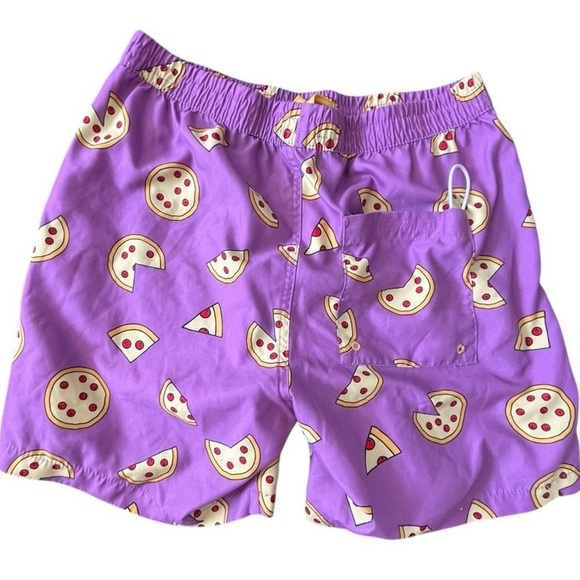 Purple pizza print swim trunks with 3 pockets & secure key loop in back pocket - Picture 2 of 6